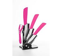 Hometric Ceramic Knife Sets with Block, 4 Piece Pink Kitchen Knives Set with Ergonomic Handle, Rust Resistant and Light Weight Knife Block Set with Knives and Vegetable Peeler (Pink)