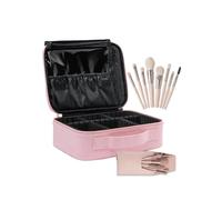 Hometric Professional Makeup Train Case with 8pc Brush Set - Large Travel Cosmetic Organizer with Adjustable Dividers - Waterproof Vanity Storage Bag for Palettes & Brors (Pink)
