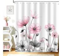 hometrixx Boho Spring Floral Long Shower Curtain Pink Gray Daisy Flower Elegant Wildflower Bathroom Polyester Shower Curtains Machine Washable Waterproof Fabric with 12 Hooks, 180 x 180 cm