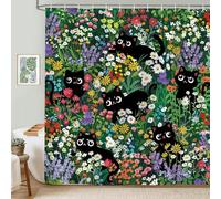 hometrixx Cute Funny Black Cats Shower Curtain Boho Monet Daisy Floral Shower Curtains for Bathroom Decor Bathtub Light Weight Washable Waterproof Polyester Fabric with 12 Hooks 180x200cm