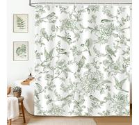 hometrixx Farmhouse Vintage Long Shower Curtain Sage Green Floral Birds Bathroom Polyester Shower Curtains Machine Washable Waterproof Fabric with 12 Hooks, 180 x 180 cm