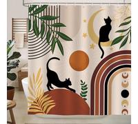 hometrixx Mid Century Boho Cat Shower Curtain Modern Minimalist Gold Leaf Sun Shower Curtains for Bathroom Decor Bathtub Light Weight Washable Waterproof Polyester Fabric with 12 Hooks 180x200cm