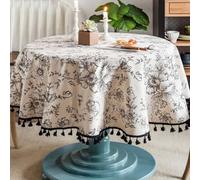 hometrixx Rectangle Table Cloths 102 x 59 inch, Black Printed Fabric Table Cover with Fringe and Peony Design for Chinese Retro Style Dining Decor