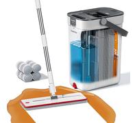 HoMettler Mop and Bucket Set, Flat Mop and Bucket System with Separate Dirty and Clean Water, 3-Compartment Wall Cleaner Mop, Flat Mops for Floor Cleaning with 4 Microfiber Pads