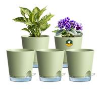 Homeuouz 10cm Self Watering Plant Pots, 5 Pack Plastic Self Watering Planter with Drainage Holes & Saucer, Ideal for All Indoor Outdoor House Flowers and Plants(Green With Transparent Drainage)