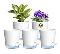 Homeuouz 10cm Self Watering Plant Pots With clear reservoir, 5 Pack Plastic Self Watering Planter with Drainage Holes & Saucer, Ideal for All Indoor Outdoor House Flowers and Plants, White