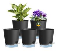 Homeuouz 10cm Self Watering Plant Pots With clear reservoir, 5 Pack Plastic Self Watering Planter with Drainage Holes & Saucer, Ideal for All Indoor Outdoor House Flowers and Plants, Black