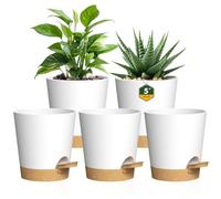 Homeuouz 12 cm Self Watering Pots, 5 Pack Plastic Flower Pots with Drainage Holes and Saucer, Indoor plant pots for Herbs and All House Plants, White With Brown reservoir