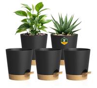 Homeuouz 12 cm Self Watering Pots, 5 Pack Plastic Flower Pots with Drainage Holes and Saucer, Indoor plant pots for Herbs and All House Plants, Black With Brown reservoir