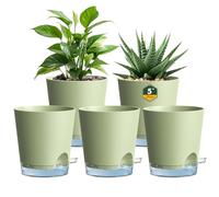 Homeuouz 12 cm Self Watering Pots With clear reservoir, 5 Pack Plastic Flower Pots with Drainage Holes and Saucer, Indoor plant pots for Herbs and All House Plants, Green