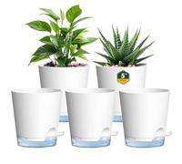 Homeuouz 12 cm Self Watering Pots With clear reservoir, 5 Pack Plastic Flower Pots with Drainage Holes and Saucer, Indoor plant pots for Herbs and All House Plants, White