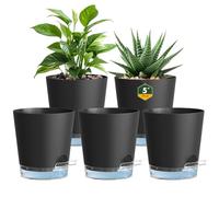 Homeuouz 12 cm Self Watering Pots With clear reservoir, 5 Pack Plastic Flower Pots with Drainage Holes and Saucer, Indoor plant pots for Herbs and All House Plants, Black