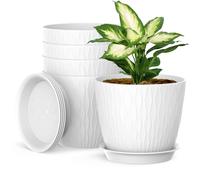 Homeuouz 17cm Plant Pots Indoor, 5 Pack Plastic Planters with Drainage Holes and Saucer, Decorative Stripe Grooves Flower Pots for Indoor Outdoor Houseplants（White）