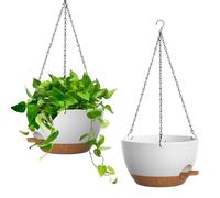 Homeuouz 25cm 2 Pack Self Watering Hanging Plant Pots, Plastic Hanging Baskets with 35 Oz Reservoir, Hanging Planters for Pothos, Spider Plants and All Indoor Outdoor Plants, White with Brown