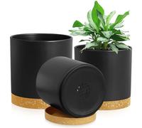 Homeuouz 3 Pack Plastic Plant Pots,15/12.5/10CM,Flower Pot Large Plant Pots Indoor Outdoor Plastic Plant Pot with Drainage Holes and Tray for House Plant Flower(Black with Brown Tray)