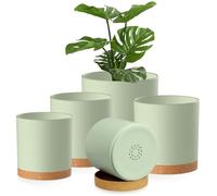 Homeuouz 5 Pack Plastic Plant Pots,17.5/15/14/12.5/10CM,Flower Pot Large Plant Pots Indoor Outdoor Plastic Plant Pot with Drainage Holes and Tray for House Plant Flower(Green with Brown Tray)