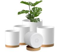 Homeuouz 5 Pack Plastic Plant Pots,17.5/15/14/12.5/10CM,Flower Pot Large Plant Pots Indoor Outdoor Plastic Plant Pot with Drainage Holes and Tray for House Plant Flower（White with Brown Tray）