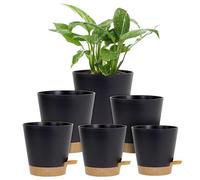 Homeuouz 6 Pack Self Watering Plant Pots Indoor-20/17.5/16.5/15/14/12.5CM Plastic Flower Pots with Drainage Holes, Saucer & Reservoir, for House Plants, Herbs & Succulents, Black