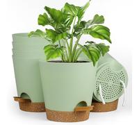 Homeuouz 6 Packs Flower Pot, Self-Watering, 17.8 cm Plant Pot with Watering System, Planter with Brown Saucer, Flower Pots Set, Ideal for Indoor and Balcony Gardens, Green