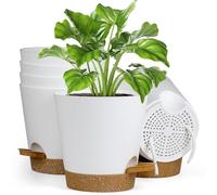 Homeuouz 6 Packs Flower Pot, Self-Watering, 17.8 cm Plant Pot with Watering System, Planter with Brown Saucer, Flower Pots Set, Ideal for Indoor and Balcony Gardens, White