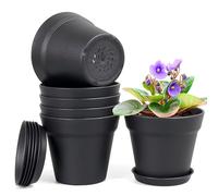 Homeuouz 6 Packs Flower Pot with Saucer, 17.8 cm Plant Pot, Plastic Planter with Multiple Drainage Holes, Hydroponics Pot, Flower Pots Set, Ideal for Indoor and Balcony Gardens, Black