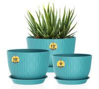 Homeuouz Set of 3 Large Wide Plant Pots with Saucers - 30/25/22 cm Plastic Flower Pots for Indoor & Outdoor Use with Drainage Holes, Water Wavy Structure, Dark Green