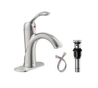 Homevacious Bathroom Faucet Single Handle Brushed Nickel One Hole Sink Satin Bath with Pop up Drain Assembly Lever Basin Mixer Tap Deck Mount Commercial Supply Hose Lead-Free by