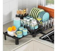 HomeVC Expandable Dish Drainer Rack, Adjustable Dish Drying Rack for Kitchen Counter with Sponge Rack & Utensil Holder Cup Holder, Durable Carbon Steel & Anti-Rust, Space-Saving Organizer, Black