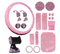 HomeVortex 21-Piece Car Interior Set with Steering Wheel Cover, Mobile Phone Holder, Coaster - Sparkling Diamond Design for Enhanced Comfort and Style(Pink)
