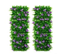 HomeVortex Expandable Artificial Fence (2 PCS) - Willow Wood & PVC, Purple Flowers & Green Leaves - Garden Style - Outdoor Fence