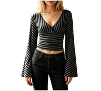 HomeVortex Ribbed Knit V-Neck for top for Women Flared Sleeve Ribbed Knit | Soft polyester blend, breathable ribbed texture, v-neckline, flared sleeves, stylish striped print