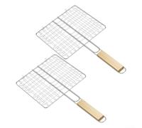 HomeVortex Stainless Steel Grill Basket, 10x8 Inch, 2-Pack | With long wooden handle for fish, meat and vegetables, grilling clamp with locking mechanism