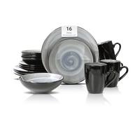 HomeVSS 16 Piece Dinnerware Set Service for 4, Plates and Bowls Set with Mug, Ceramic Dinner Set, Microwave and Dishwasher Safe, Sonoma Collection Dish Set, Hand-Painted Swirl Grey