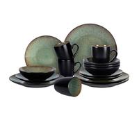 HomeVSS 16-Piece Porcelain Dinnerware Set with Reactive Glaze - Plates & Bowls Sets, 4 Deep Plates, Bowls, Mugs, Microwave & Dishwasher Safe, Stackable Art Tableware for Family-Java Green