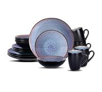 HomeVSS 16-Piece Porcelain Dinnerware Set with Reactive Glaze - Plates & Bowls Sets, 4 Deep Plates, Bowls, Mugs, Microwave & Dishwasher Safe, Stackable Art Tableware for Family- Grey