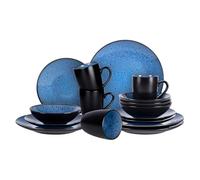 HomeVSS 16-Piece Porcelain Dinnerware Set with Reactive Glaze - Plates & Bowls Sets, 4 Deep Plates, Bowls, Mugs, Microwave & Dishwasher Safe, Stackable Art Tableware for Family- Capri Blue