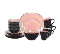 HomeVSS 16-Piece Square Dinnerware Set - Spinwash Swirl Rose & Black Square Plates and Bowls Set, Dish Sets for 4, Microwave & Dishwasher Safe Stoneware
