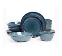 HomeVSS Highland 16pc Dinnerware Set, Unique Organic Shape Double Bowl, Stoneware Plate & Bowl Dish Set Service for 4, Scratch Resistant, Microwave & Dishwasher Safe, Natural Reactive Glaze, Blue