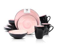 HomeVSS, Sonoma Stoneware 16pc Dinnerware Set, Outside Black + Inside Hand Painting Color Rose