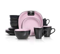 HomeVSS Square Dinner Set, 16 Piece Stoneware Set for 4, Ceramic Plates and Bowls Set with Mug, Dishwasher & Microwave Safe, Chip and Scratch Resistant, Pink and Black