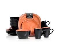 HomeVSS Square Dinner Set, 16 Piece Stoneware Set for 4, Ceramic Plates and Bowls Set with Mug, Dishwasher & Microwave Safe, Chip and Scratch Resistant,Swirl Orange and Black