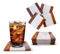 Homeware Marble Coaster Set of 4 - Elegant Gloss Finish Stone Coasters with Cork Base for Stylish Décor - Size: 9x9cm (White-Brown)