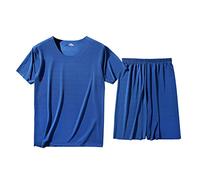 Homewear Men's Set: Loungewear Men's Ice Silk Jersey Breathable Sleepwear Men's Short Pyjama Bottoms Checked Sleep Shirt Comfortable Dressing Gown Slim Fit Shorty Loose Fit Menswear Casual, blue, XXXL