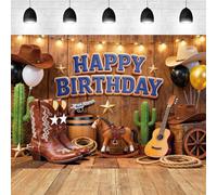 Homewelle Happy Birthday Western Backdrop 7Wx5H Feet Polyester Fabric Cowboy Cowgirl West Boots on The Ground Cactus Kids Decoration Decor for Baby Shower Photography Background Photo Shoot Props