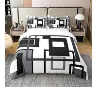Homewish 100% Cotton Black White and Grey Comforter Cover King for Adults Men,Abstract Geometric Bedding Set Square Striped Duvet Cover Simple Lines Quilt Cover 2 Pillow Cases Modern Bedroom Decor