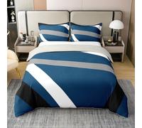 Homewish 100% Cotton Blue Gray Black Striped Duvet Cover Single Size Modern Abstract Quilt Cover Geometric Lines Bedding Set Geometry Aesthetic Boho Bed Set