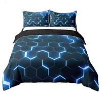Homewish 100% Cotton Blue Honeycomb Geometric Comforter Cover,Geomeric Stripes Bedding Set,Ombre Neon Lights Quilt Cover with 1 Pillow Case,Modern Abstrzct Wavy Single Duvet Cover Reversible Comfy