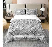 Homewish 100% Cotton Bohemian Comforter Cover King Black White Grey Paisley Damask Bedding Set for Adults Exotic Boho Floral Duvet Cover Farmhouse Room Decor,Moroccan Patchwork Bedspread Cover