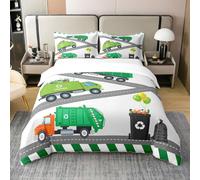 Homewish 100% Cotton Boys Green Garbage Truck Duvet Cover Cartoon Trash Truck Bedding Set Double,Green Vehicle Car Bedspread Cover Garbage Truck Toy Comforter Cover 2 Pillowcases Bedroom Decor