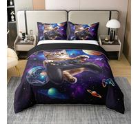 Homewish 100% Cotton Cute Cat Bedding Set,Modern Gamepad Bed Set,Purple Nebula Duvet Cover,Outer Space Comforter Cover,Planet Quilt Cover for Bedroom Decor,Single,1 Pillow Sham,Black Purple